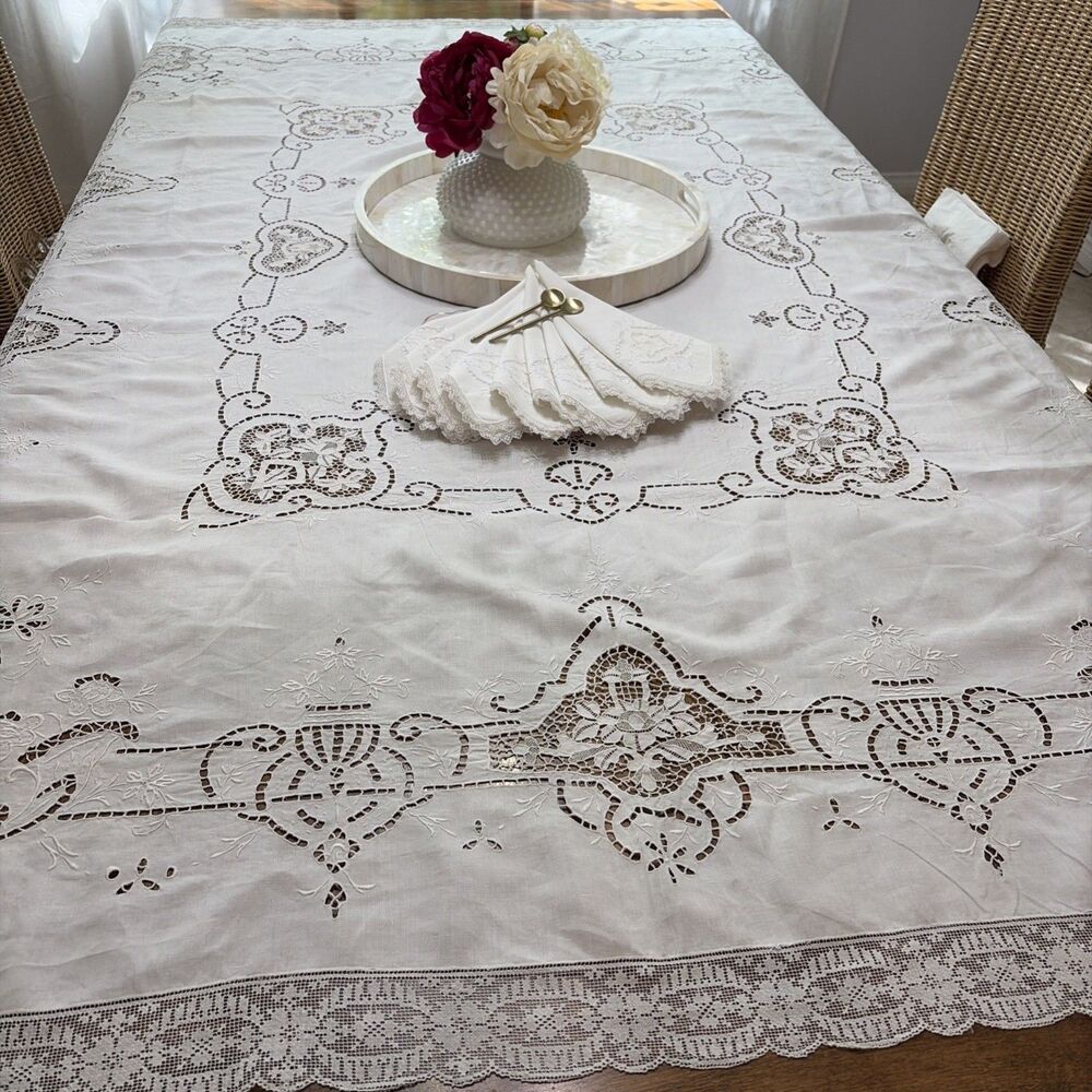Vtg White hand embroidered With Cowork In Madeira Tablecloth & 9 Napkins 87x69
